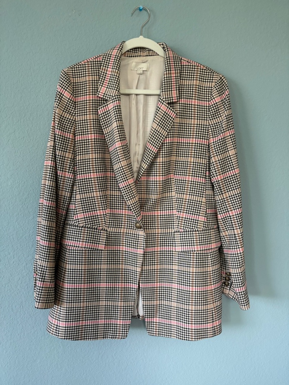 LOFT Pink and Black Plaid Single-Button Blazer